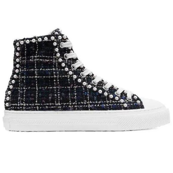 Stuart Weitzman $425 Oli Tweed Mini Pearl High Top Sneaker Black Sz 7 need laces